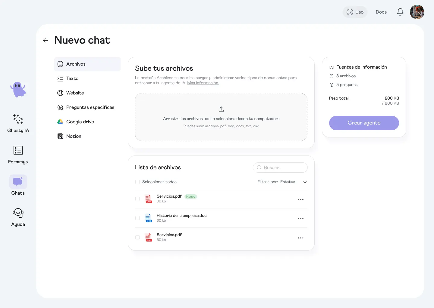 Crea un chatbot y ponele nombre